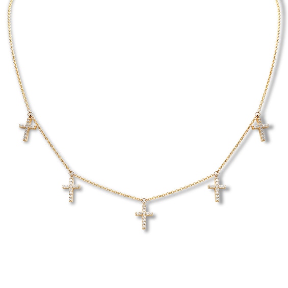 Diamond Cross Choker Necklace 1/5 ct tw 10K Yellow Gold 18"
