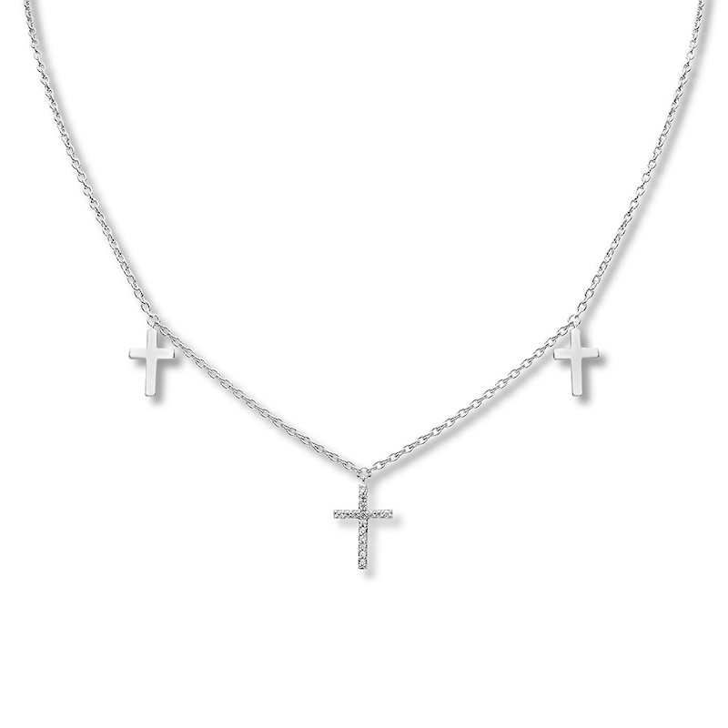 Sterling Silver Rhodium Diamond Cut Cross 18 Rollo Necklace