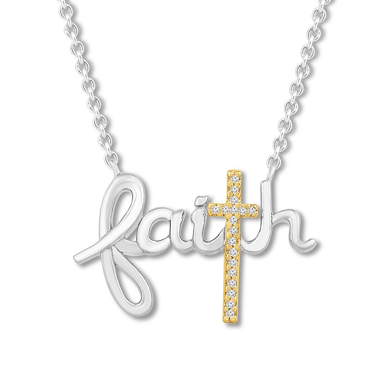 Main Image 1 of Diamond &quot;Faith&quot; Cross Necklace Sterling Silver & 10K Yellow Gold 18&quot;