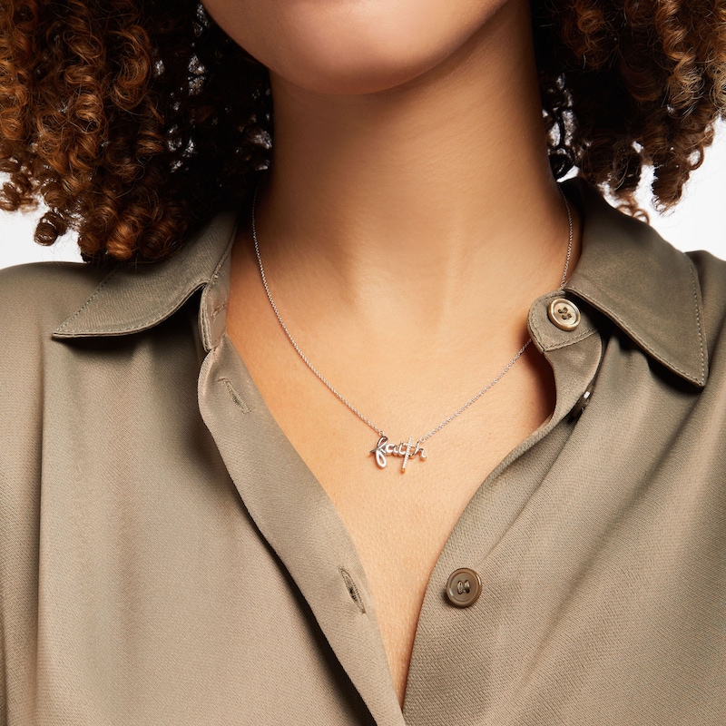Main Image 2 of Diamond &quot;Faith&quot; Cross Necklace Sterling Silver & 10K Yellow Gold 18&quot;
