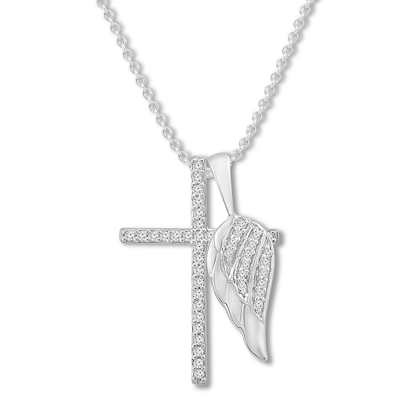 Main Image 1 of Diamond Cross & Angel Wing Necklace 1/8 ct tw Sterling Silver