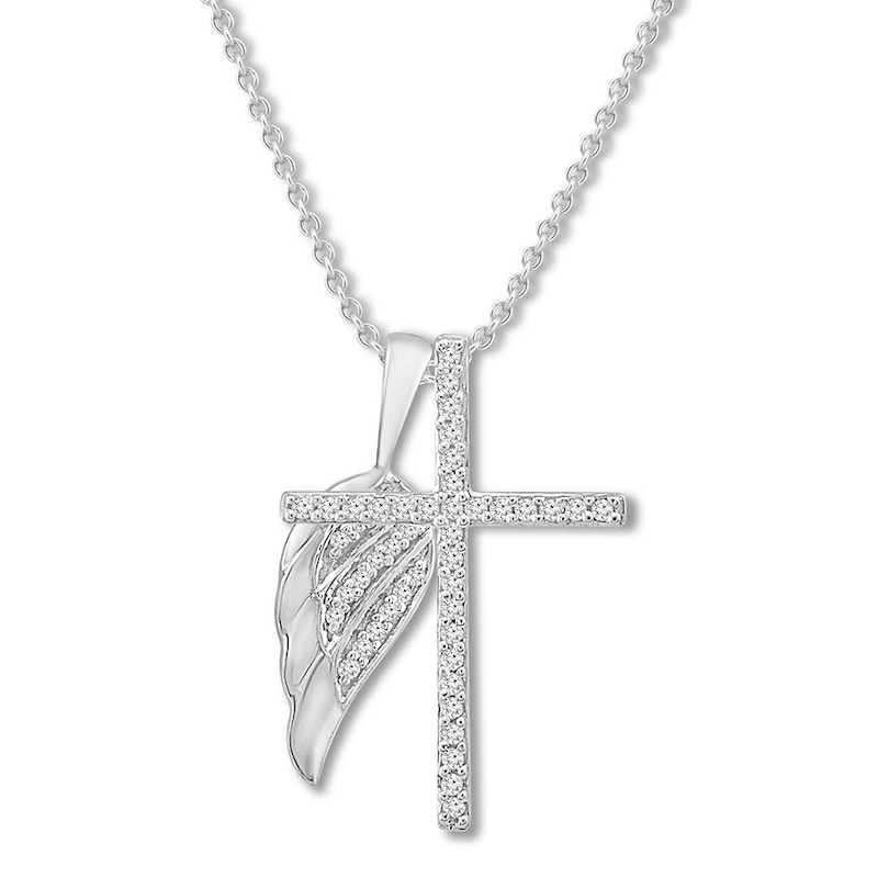 Diamond Cross & Angel Wing Necklace 1/8 ct tw Sterling Silver