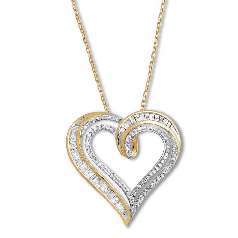 Diamond Heart Necklace 1/2 ct tw Round & Baguette 10K Yellow Gold 18"