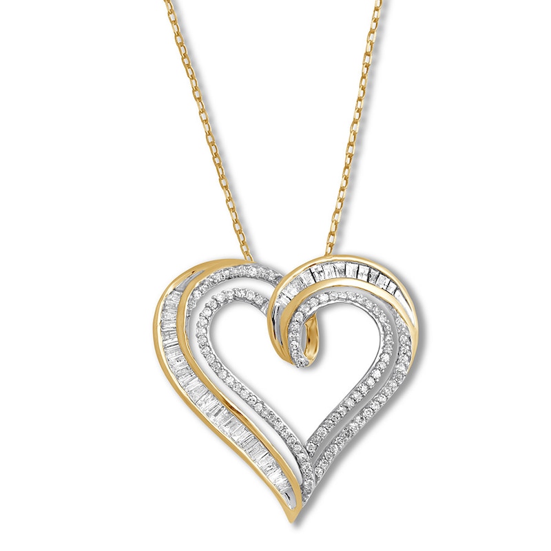 Main Image 1 of Diamond Heart Necklace 1/2 ct tw Round & Baguette 10K Yellow Gold 18&quot;