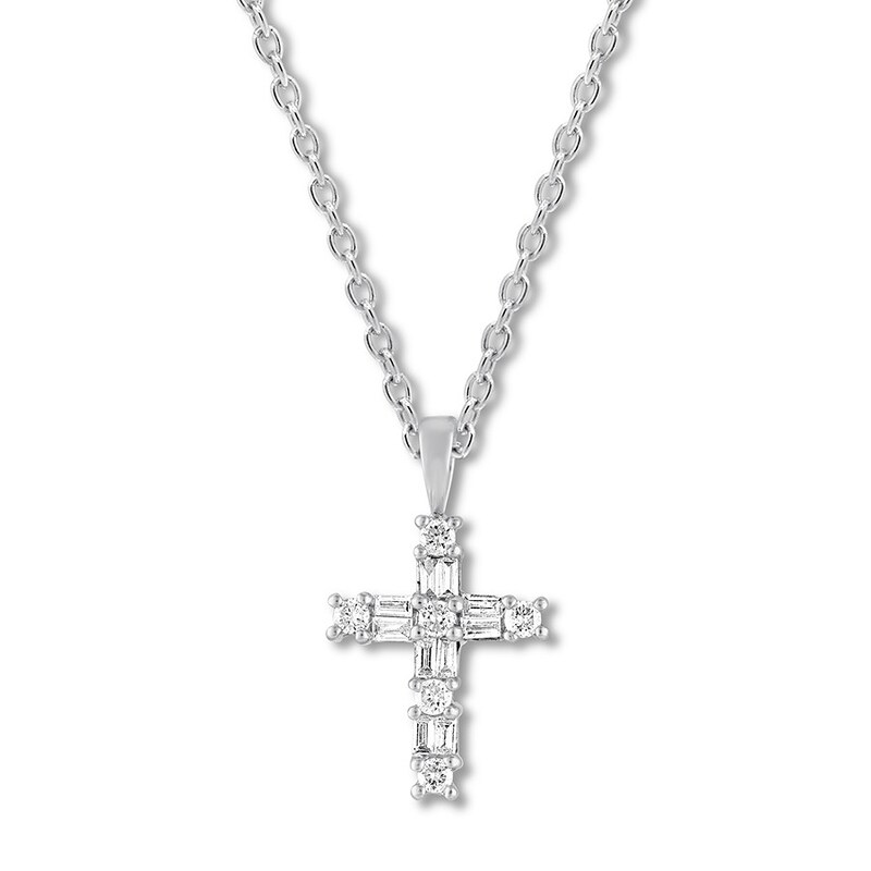 Diamond Cross Necklace 1/4 ct tw Round/Baguette 10K White Gold