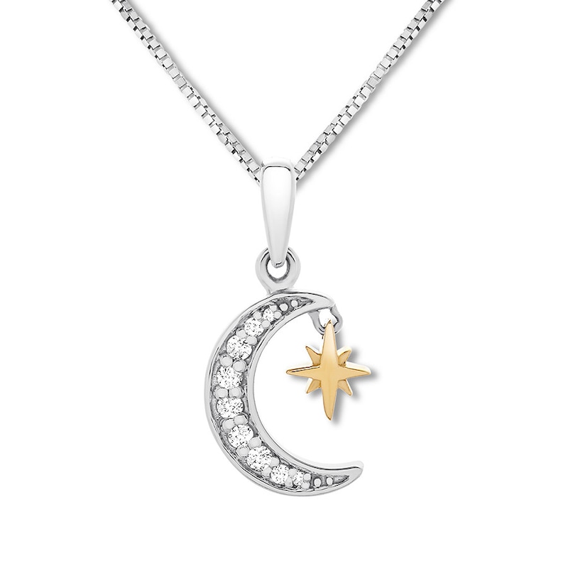 Diamond Moon Necklace 1/15 cttw Sterling Silver & 10K Yellow Gold 18"