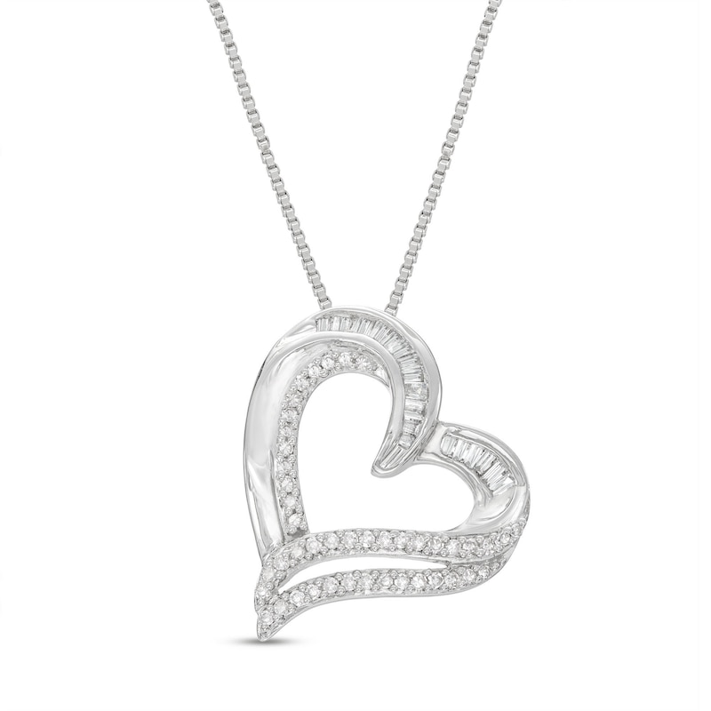 Diamond Heart Necklace 1/4 ct tw Round & Baguette Sterling Silver 18"