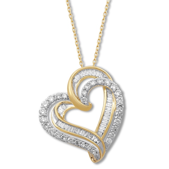 Diamond Heart Necklace 1 Ct Tw Round Baguette 10k Yellow Gold Kay - Diamond Heart Pendant Yellow Gold