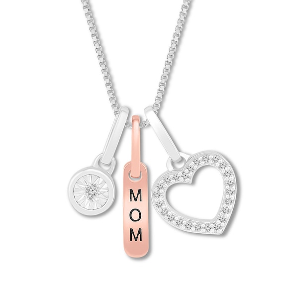 Mom Charm Necklace 1/15 ct tw Diamonds Sterling Silver & 10K Rose Gold 18"