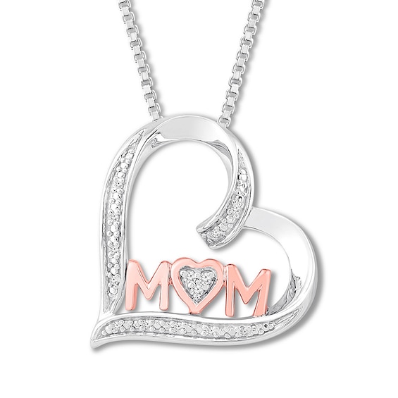 Diamond Mom Heart Necklace 1/20 ct tw Sterling Silver & 10K Rose Gold 18"