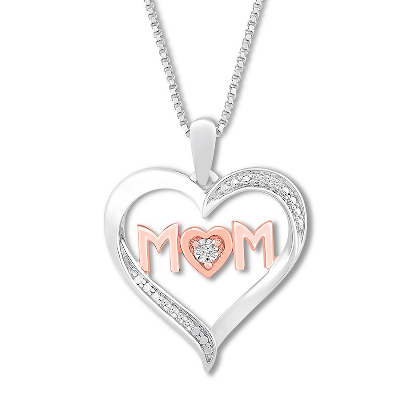 Diamond Mom Heart Necklace Sterling Silver & 10K Rose Gold 18"