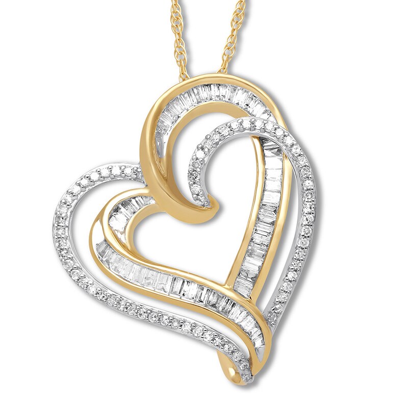 Diamond Heart Necklace 1/2 ct tw Round & Baguette 10K Yellow Gold