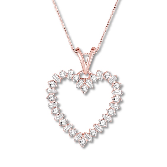 Diamond Heart Necklace 1/4 ct tw Round & Baguette 10K Rose Gold 18"