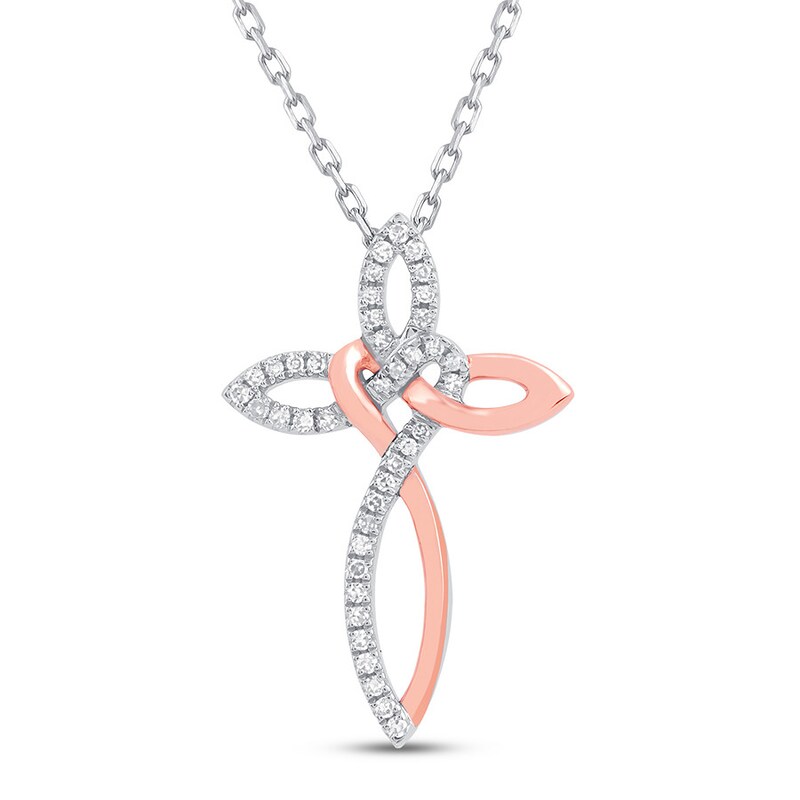 Main Image 1 of Diamond Cross Necklace 1/10 ct tw Sterling Silver & 10K Rose Gold