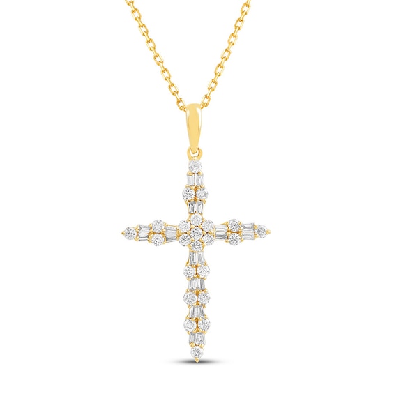 Diamond Cross Necklace 3/8 ct tw Round & Baguette 10K Yellow Gold
