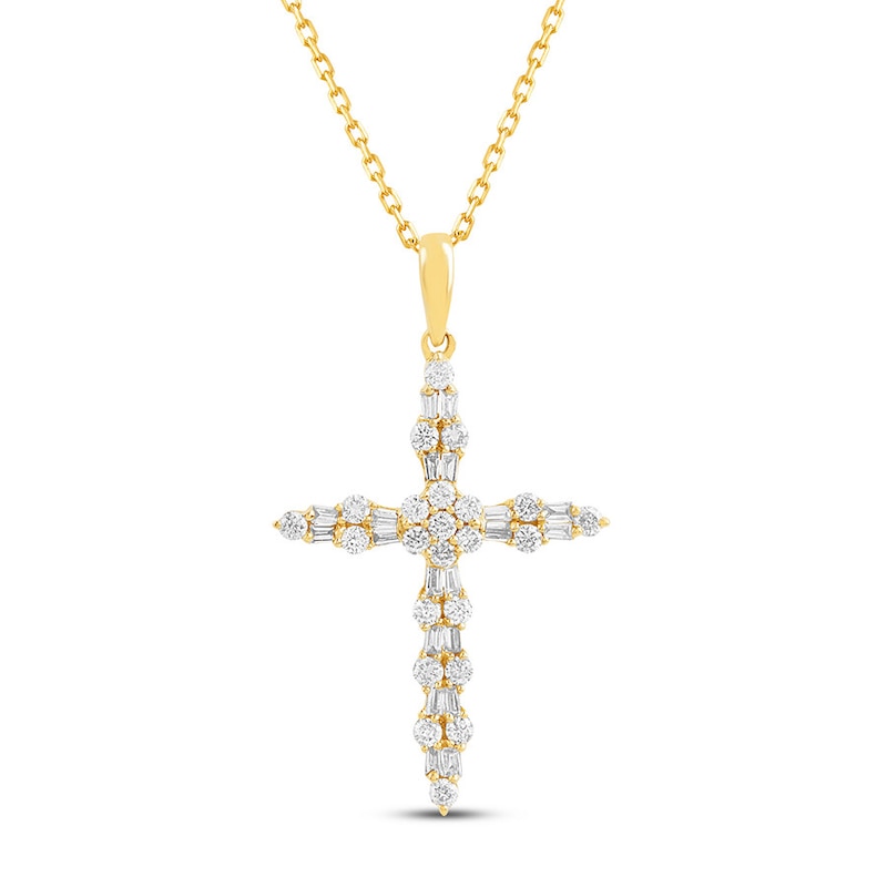 Main Image 1 of Diamond Cross Necklace 3/8 ct tw Round & Baguette 10K Yellow Gold