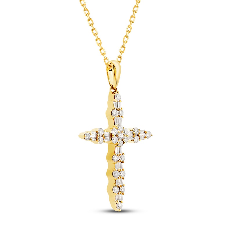 Main Image 2 of Diamond Cross Necklace 3/8 ct tw Round & Baguette 10K Yellow Gold