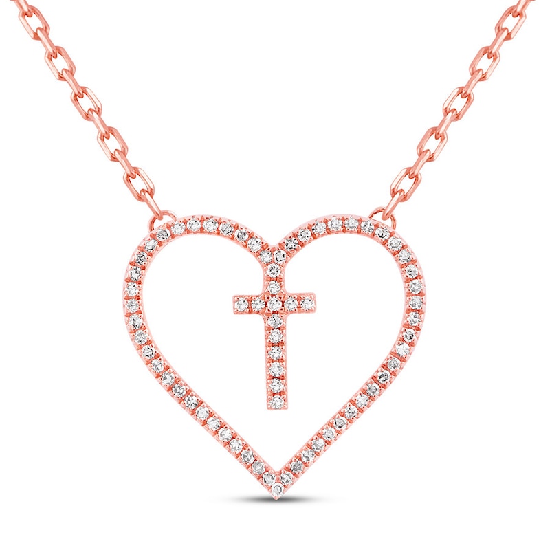 Main Image 1 of Cross Heart Necklace 1/8 ct tw Diamonds 10K Rose Gold