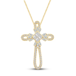 Diamond Cross Necklace 3/8 ct tw Round, Baguette & Princess 10K Yellow Gold 18"