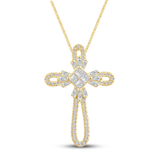 Diamond Cross Necklace 3/8 ct tw Round, Baguette & Princess 10K Yellow Gold 18"