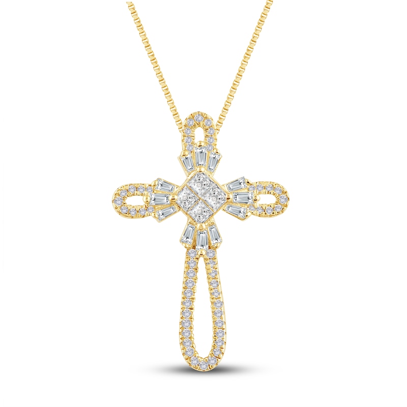 Main Image 1 of Diamond Cross Necklace 3/8 ct tw Round, Baguette & Princess 10K Yellow Gold 18"