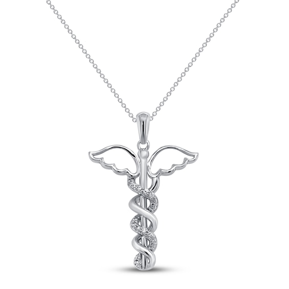 Diamond Caduceus Necklace 1/10 ct tw 10K White Gold 18"