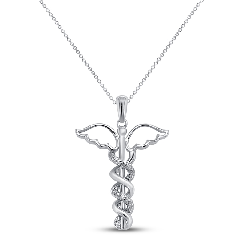 Main Image 1 of Diamond Caduceus Necklace 1/10 ct tw 10K White Gold 18&quot;