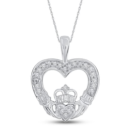 Diamond Claddagh Heart Necklace 1/10 ct tw Sterling Silver 18"