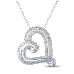 Diamond Heart Necklace 1/4 ct tw Round & Baguette 10K White Gold 18"
