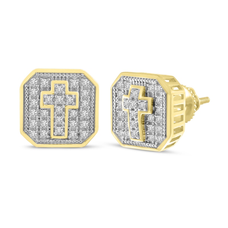 Men's Diamond Cross Stud Earrings 1/4 ct tw Round-cut 10K Yellow Gold