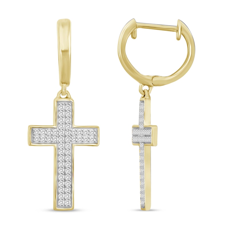 Main Image 1 of Men's Diamond Cross Hoop Dangle Earrings 1/4 ct tw Round-cut 10K Yellow Gold