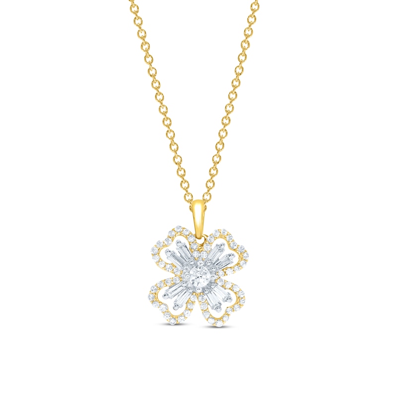 Diamond Clover Necklace 1/3 ct tw Round & Baguette 10K Yellow Gold 18"