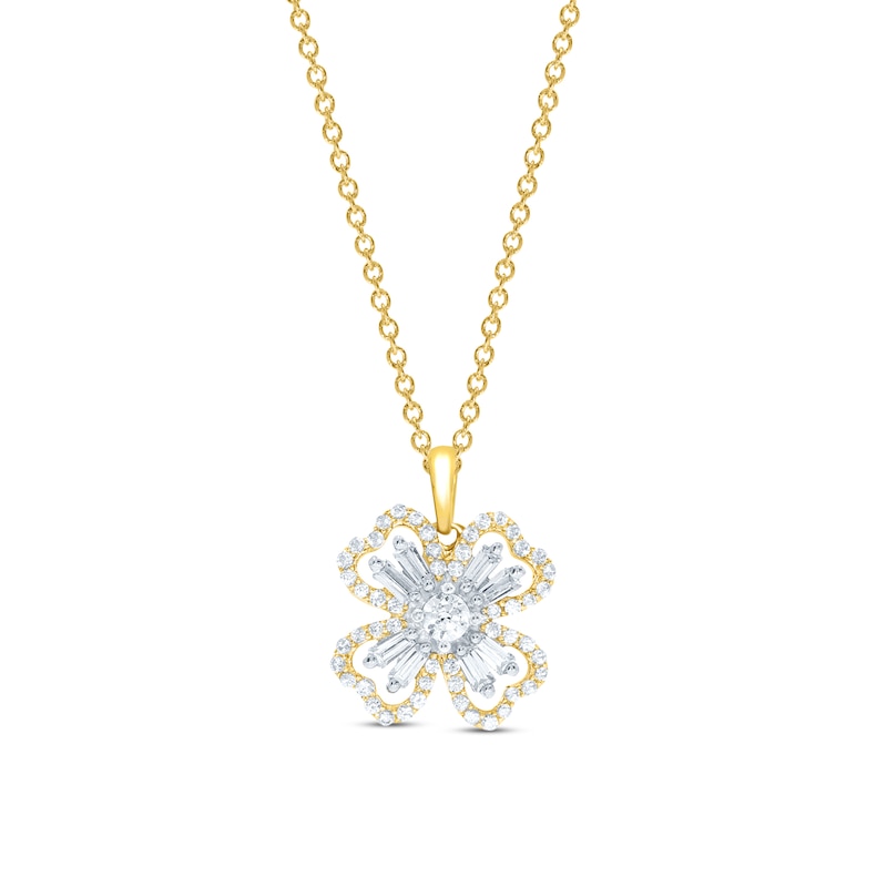 Main Image 1 of Diamond Clover Necklace 1/3 ct tw Round & Baguette 10K Yellow Gold 18&quot;