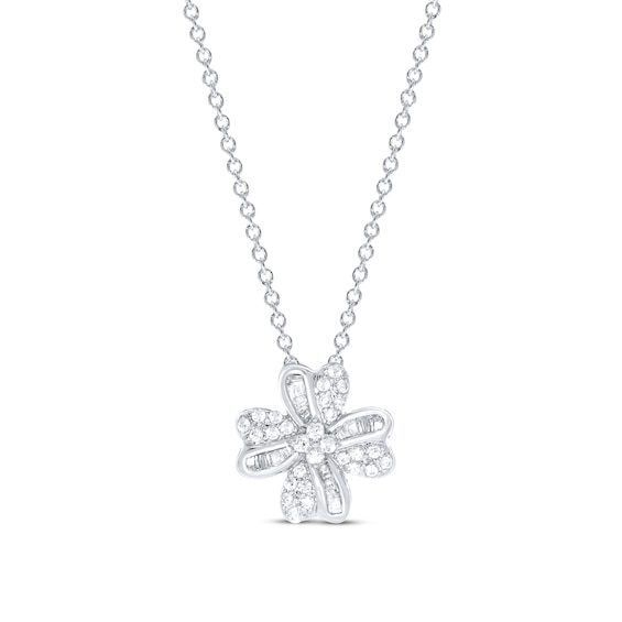 Diamond Clover Necklace 1/4 ct tw Round & Baguette 10K White Gold 18"