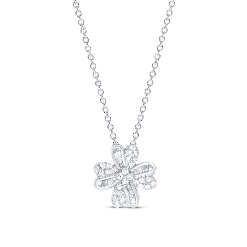 Main Image 1 of Diamond Clover Necklace 1/4 ct tw Round & Baguette 10K White Gold 18&quot;
