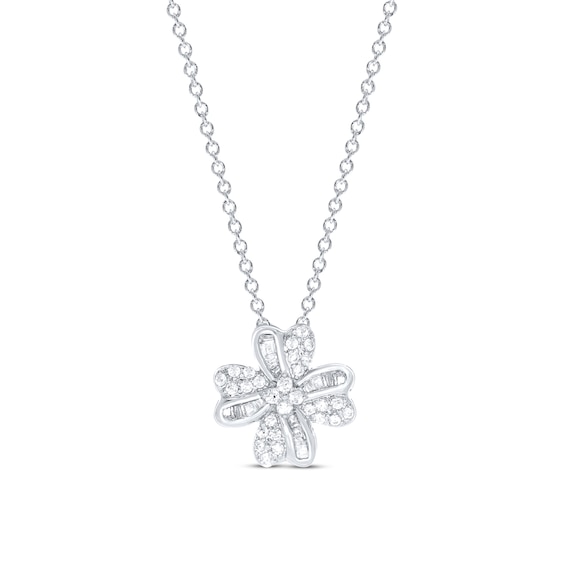 Diamond Clover Necklace 1/4 ct tw Round & Baguette Sterling Silver 18"