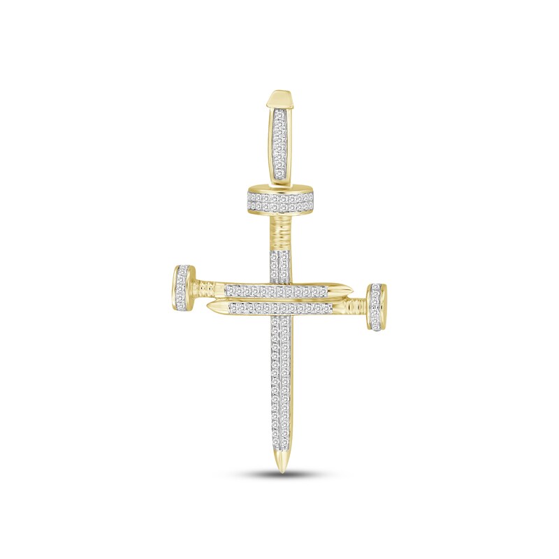 Main Image 1 of Men's Diamond Tri-Nail Cross Pendant 1/3 ct tw Round-cut 10K Yellow Gold