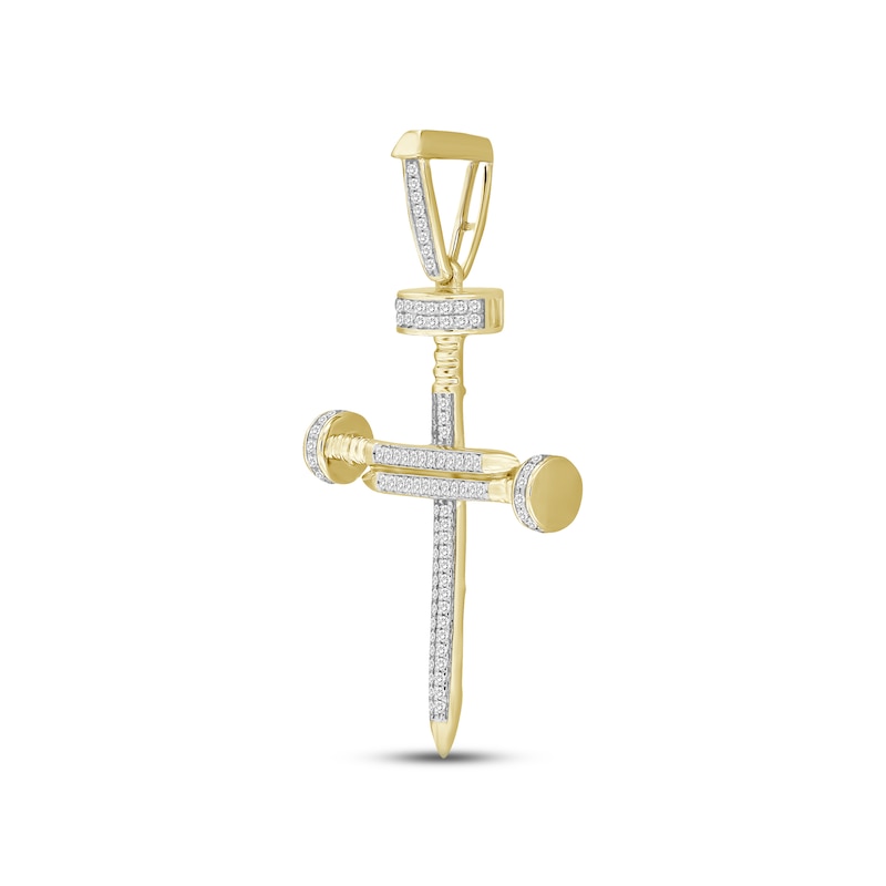 Main Image 2 of Men's Diamond Tri-Nail Cross Pendant 1/3 ct tw Round-cut 10K Yellow Gold
