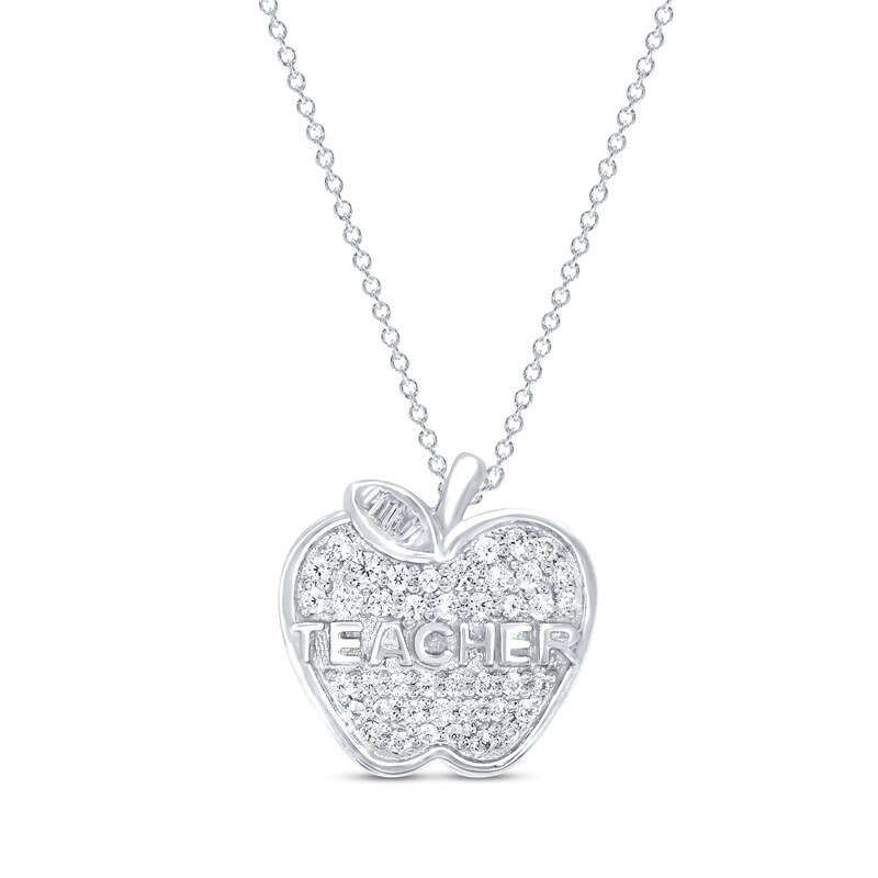 Main Image 1 of Diamond Teacher Apple Necklace 1/5 ct tw Round & Baguette 10K White Gold 18&quot;
