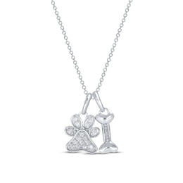 Diamond Dog Paw & Bone Necklace 1/5 ct tw Round & Baguette Sterling Silver 18"