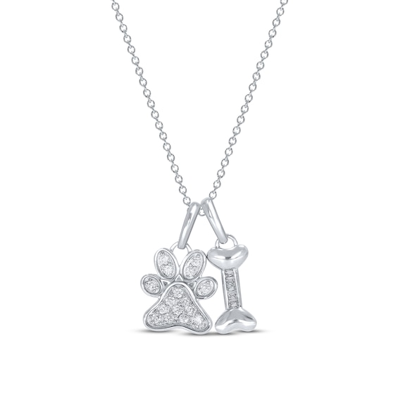 Diamond Dog Paw & Bone Necklace 1/5 ct tw Round & Baguette Sterling Silver 18"