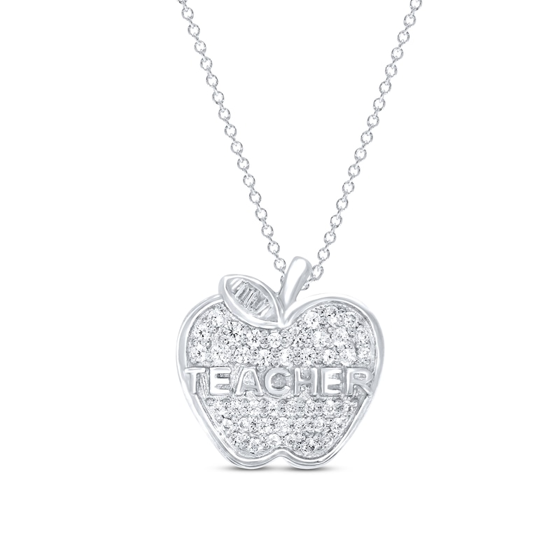 Main Image 1 of Diamond Teacher Apple Necklace 1/5 ct tw Round & Baguette Sterling Silver 18&quot;