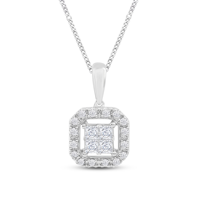 Diamond Halo Necklace 1/4 ct tw Princess & Round 10K White Gold 19"