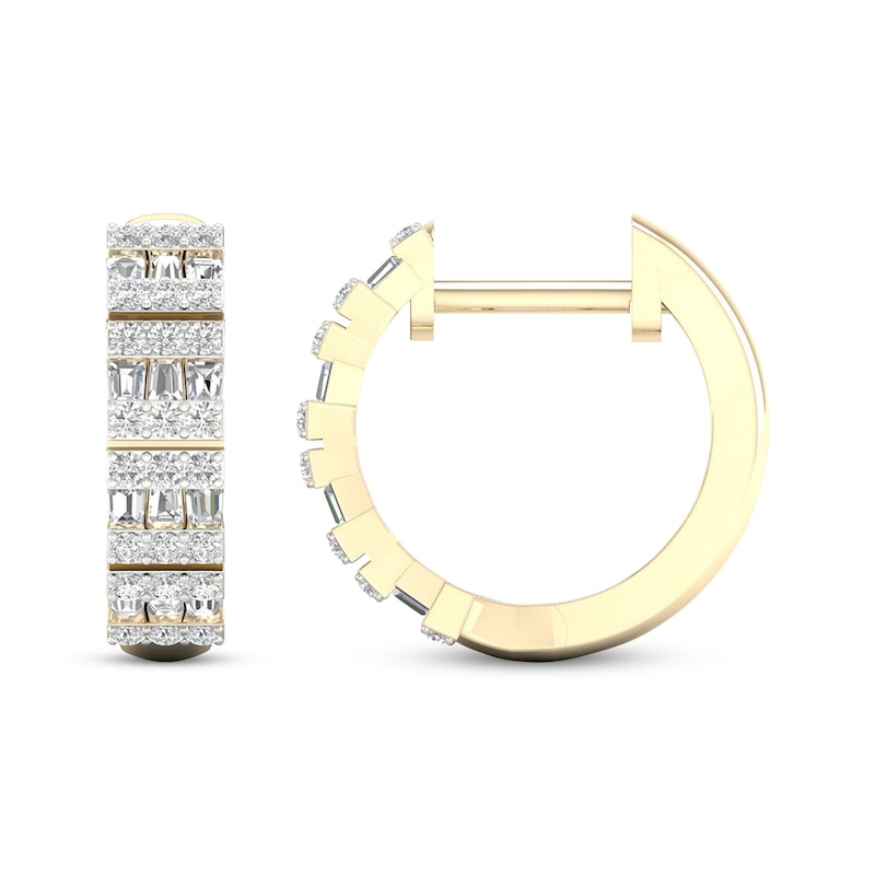 Main Image 1 of Men's Diamond Huggie Earrings 1/3 ct tw Round & Baguette 10K Yellow Gold