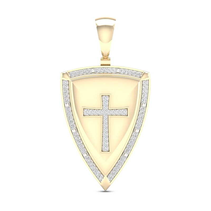 Main Image 1 of Men's Diamond Cross Shield Pendant 1/4 ct tw Round-cut 10K Yellow Gold