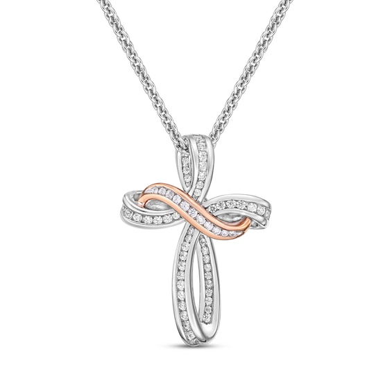 Diamond Cross Necklace 1/4 ct tw Round-cut Sterling Silver & 10K Rose Gold 18"