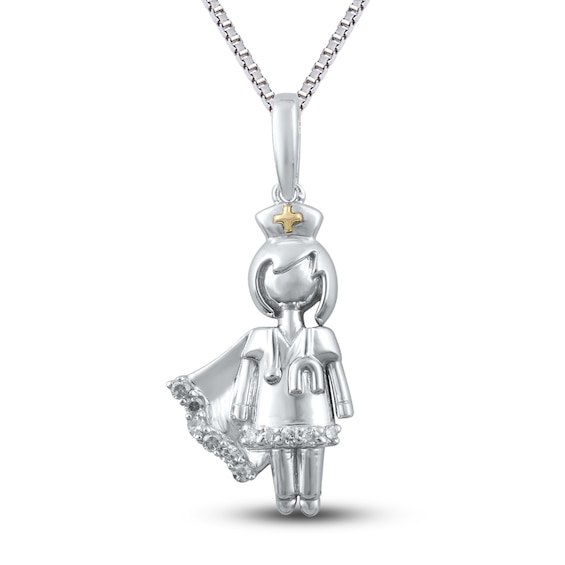 Diamond Nurse Necklace 1/20 ct tw Round-cut Sterling Silver & 10K Yellow Gold 18"
