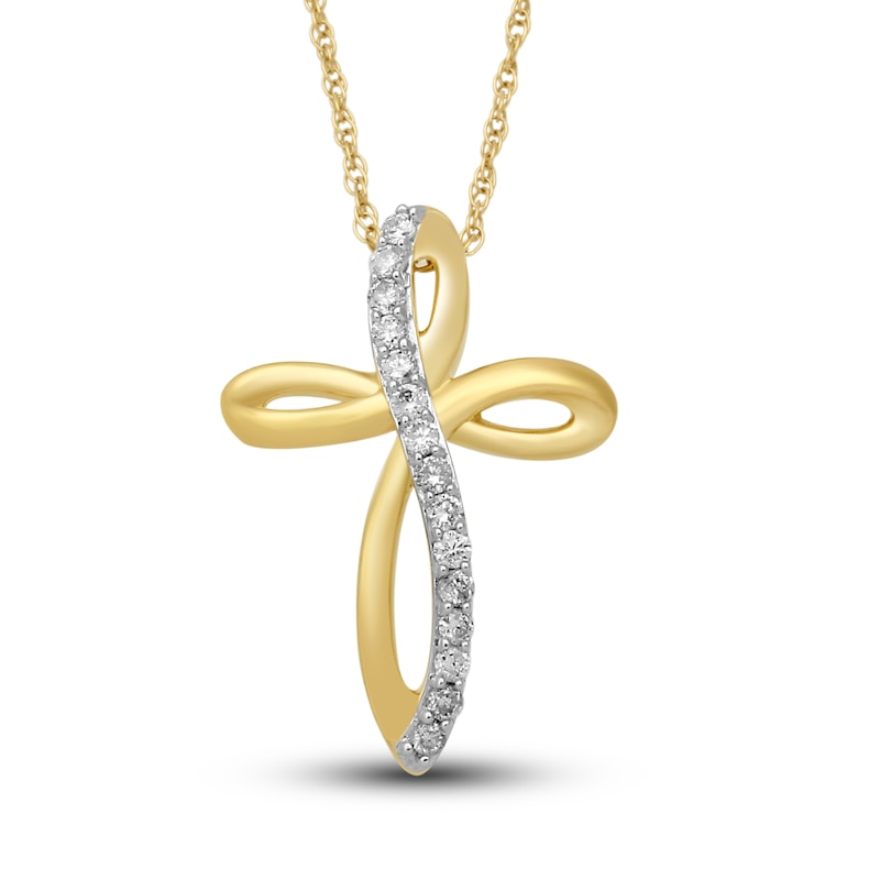 Main Image 1 of Diamond Cross Necklace 1/10 ct tw Round-cut 10K Yellow Gold 18&quot;