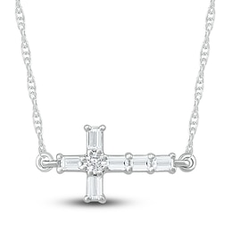 Diamond Cross Necklace 1/15 ct tw Round & Baguette Sterling Silver 18"