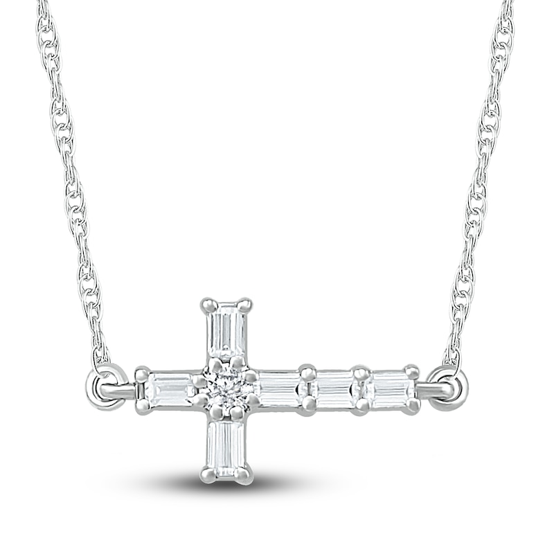 Diamond Cross Necklace 1/15 ct tw Round & Baguette Sterling Silver 18"